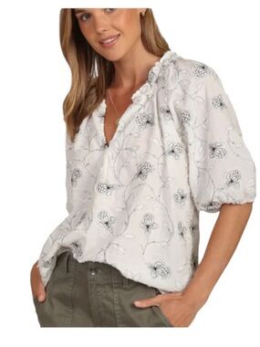 Dylan White Blouse with Black Floral Embroidery Size Small
